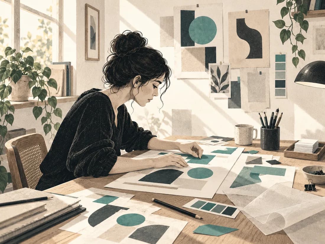 A designer concentrating on creative layouts at an uncluttered desk.
